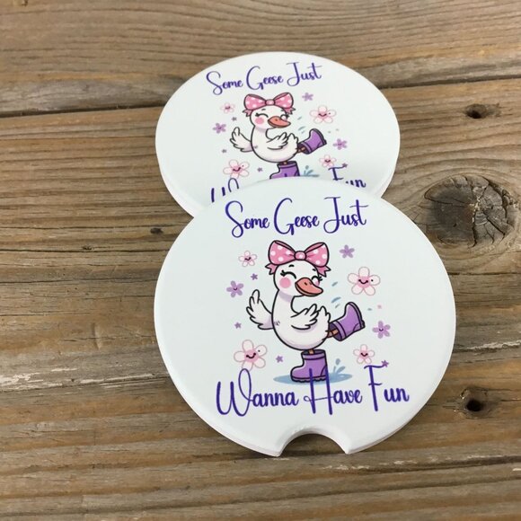 Some Geese Just Wanna Have Fun - Set of 2 Sandstone Car Coasters - Picture 1 of 7
